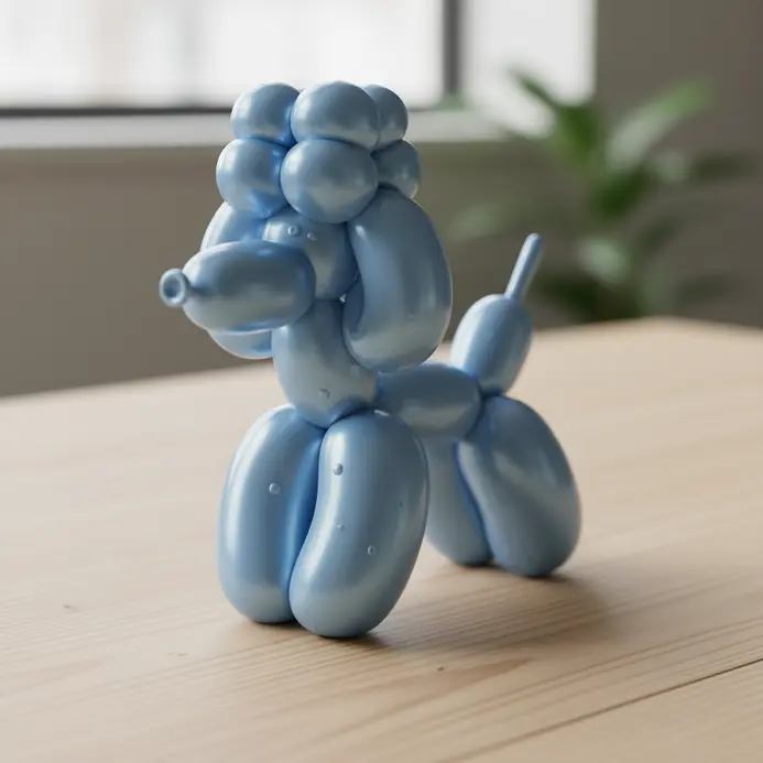 A red balloon twisted into a dog shape with a long body and perky ears.
