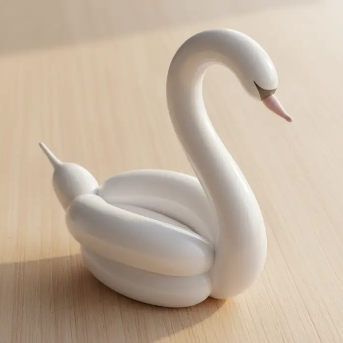 A white balloon animal shaped like a swan with a long, gracefully curved neck.