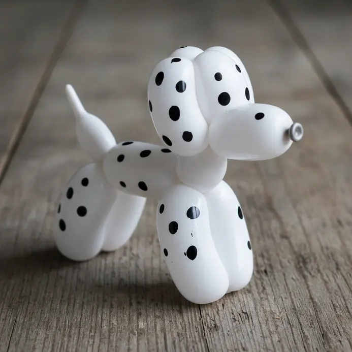 A white balloon dog with hand-drawn black spots to resemble a Dalmatian puppy.