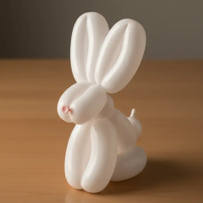 A white balloon animal shaped like a rabbit with two long, upright ears.