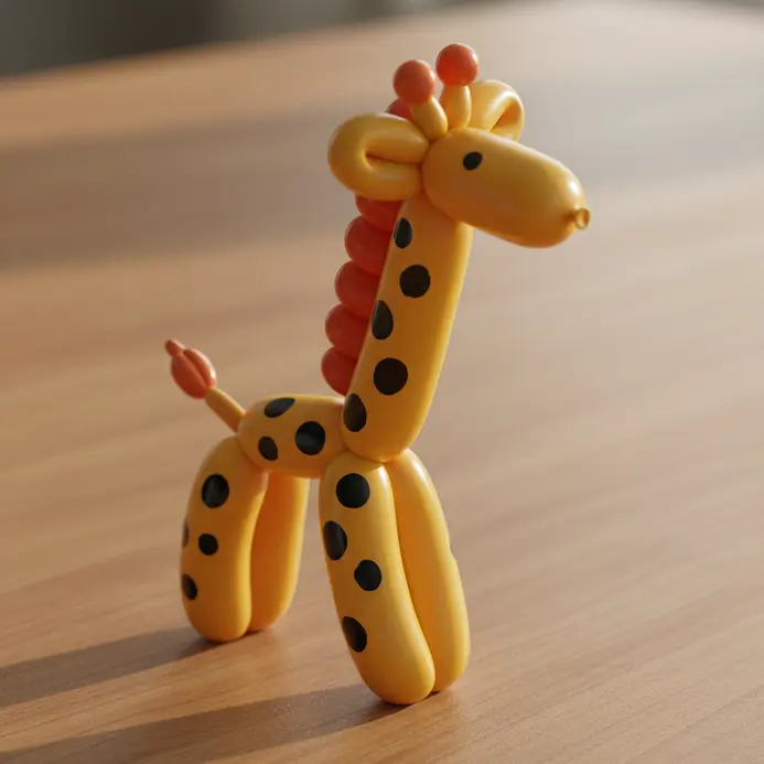 A tall yellow balloon animal shaped like a giraffe with a long, bent neck.
