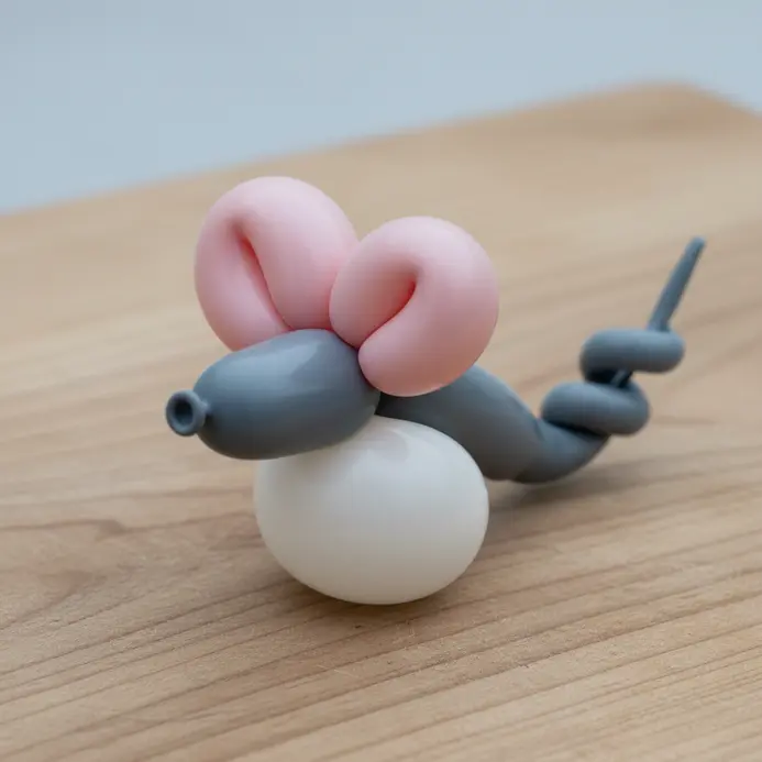 A small gray balloon animal shaped like a mouse with tiny ears and a curled tail.