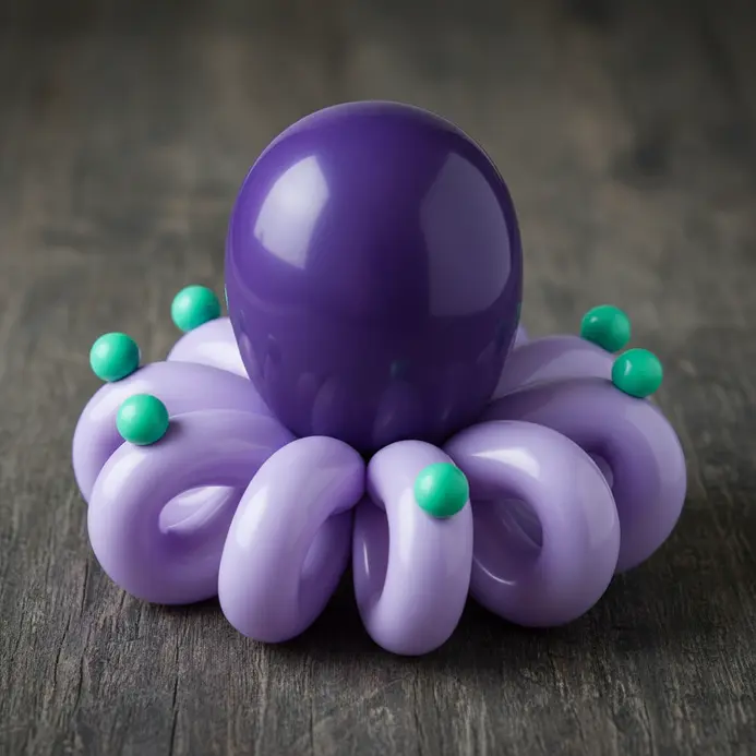 A purple balloon animal shaped like an octopus with multiple twisted tentacles.