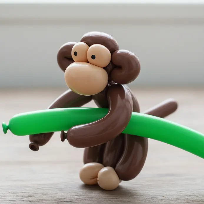 A brown balloon monkey figure with arms wrapped around a green balloon branch.