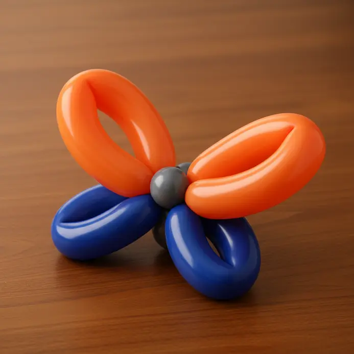 A balloon twisted into a butterfly shape with large, looping purple and yellow wings.